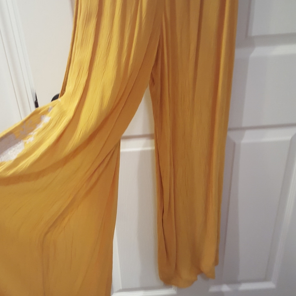 American Eagle AEO Yellow Wide Leg Jumpsuit with White Embroidered Floral Design - Picture 3 of 7
